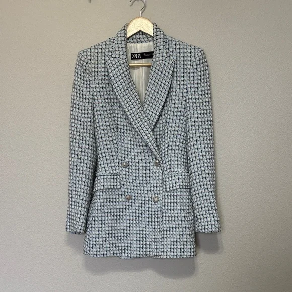 Zara Woman Double Breasted Texture Weave Tweed Blazer Jacket Blue White Size S - Picture 2 of 14